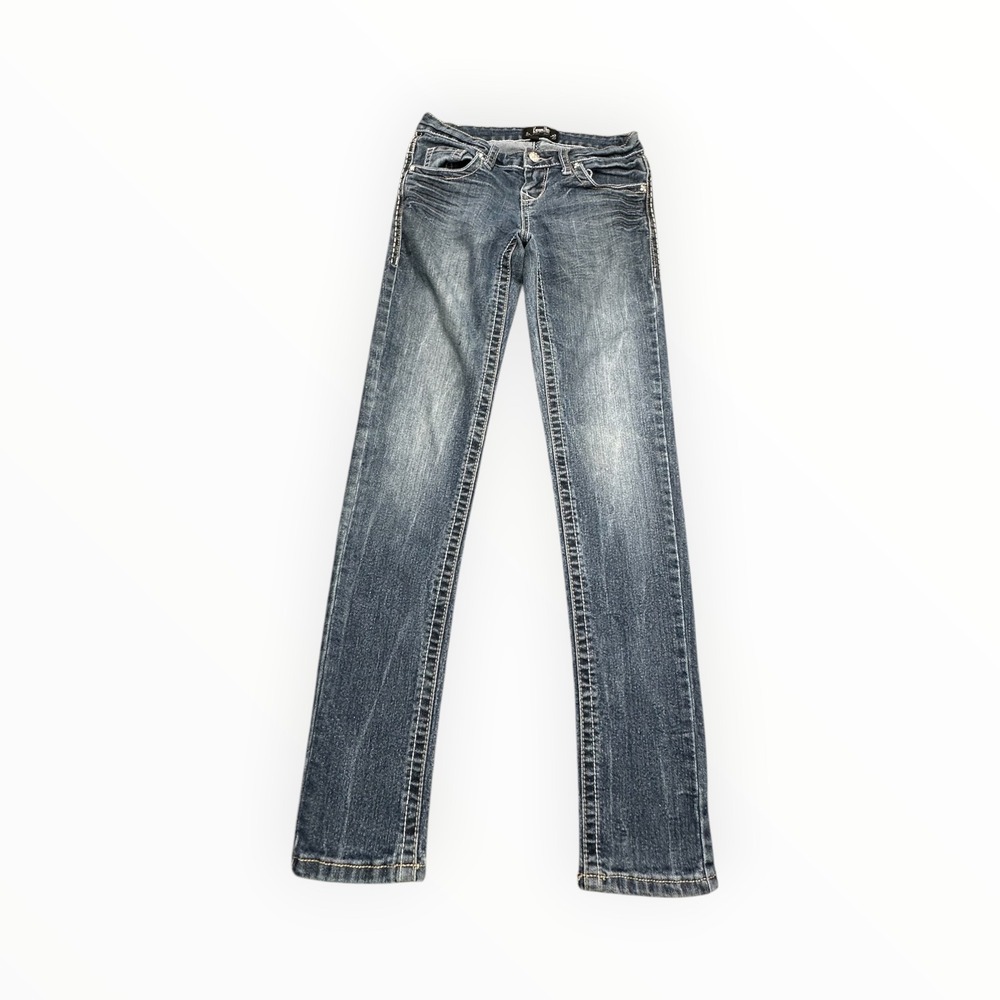 Karma Blue Jeans Womens 1 Blue Slim‎ Straight Low Rise Contrast Stitch Y2K Denim